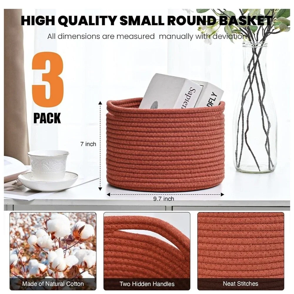 Small Brick Red Woven Storage Baskets Organizer Bins 9.7x9.7x7 Inch 3 Pack